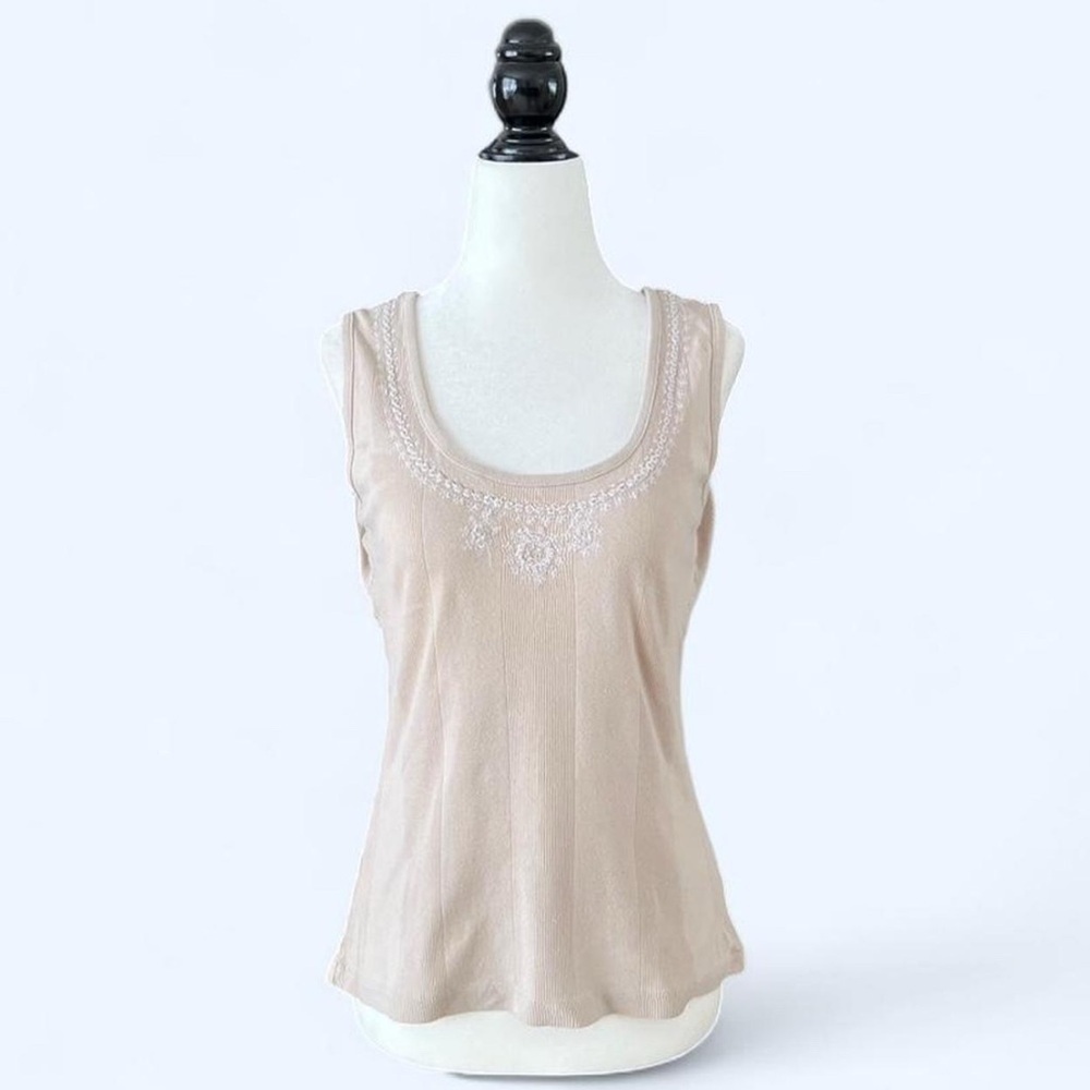 Vintage Jessica Sport Womens Tan Embroidered Layering Boho Tank Top Medium